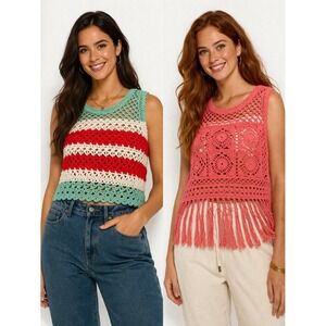 Lot‎ of 2 Vivid Collection Women Top Large Crochet Knit Pink Stripe Boho Top